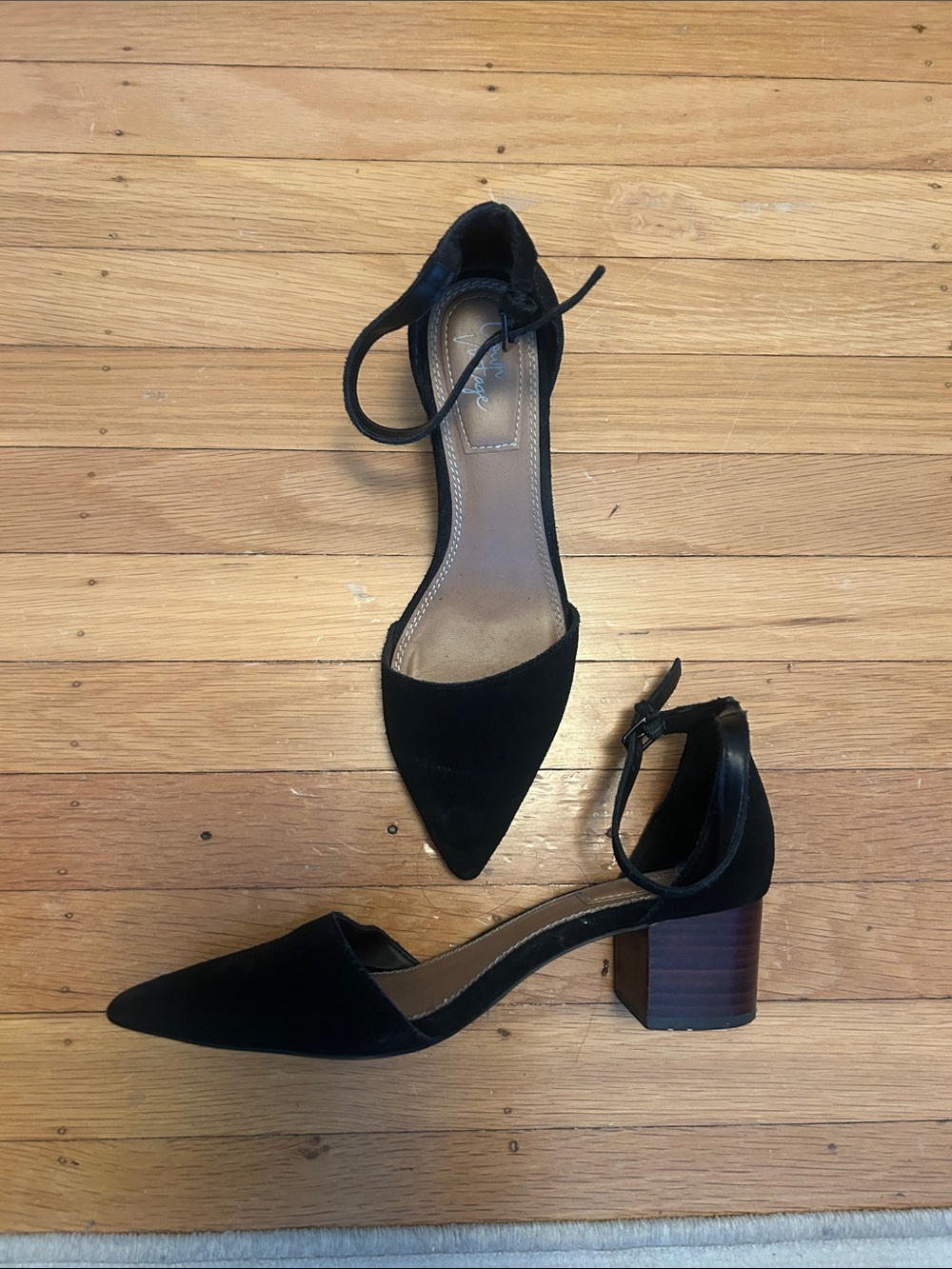 Crown Vintage Black Pointed Toe Ankle-Strap Block Heel